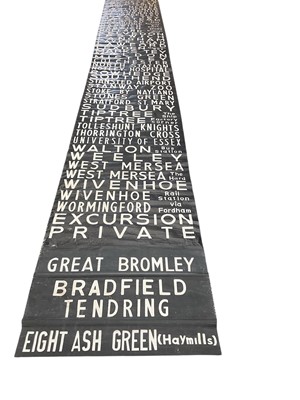 Lot 2550 - Vintage 1970s printed canvas Bus blind for Colchester with various destinations around the town and surrounding area including Tiptree, Wivenhoe and West Mersea , with label for Norbury Brother...