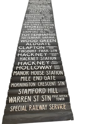 Lot 2551 - Vintage printed canvas Bus blind, for various London destinations to include Hackney, Tottenham, Liverpool Street and Victoria, approximately 620 x 106cm