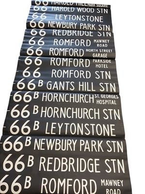Lot 2552 - Vintage printed canvas Bus blind, for various Essex and East London destinations to include Romford, Gidea Park and Dagenham, approximately 1150cm x 106cm