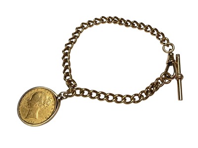 Lot 172 - Victorian gold shield back sovereign, 1858, in 9ct gold pendant mount on 9ct gold watch chain bracelet
