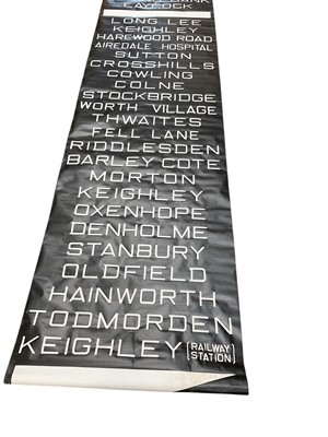 Lot 2553 - Vintage printed canvas Yorkshire Bus blind, for various destinations to include Keighley, Leeds and Todmorden, approximately 730cm x 103cm