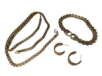 Lot 180 - 9ct gold chain, 9ct gold bracelet and pair of yellow metal half hoop cuff earrings
