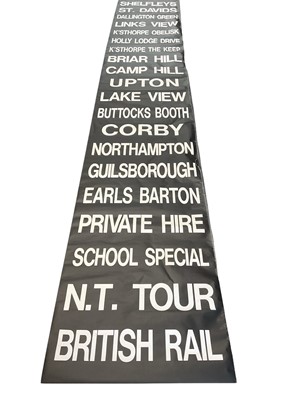 Lot 2555 - Vintage printed canvas Northamptonshire Bus blind, for various destinations to include Buttocks Booth, Corby and Northampton, approximately 12.4cm x 80cm