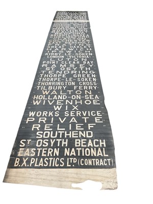 Lot 2556 - Vintage printed canvas Bus blind, for various Essex destinations to include Harwich, Ramsey, Wix and Beaumontapproximately 1150cm x 106cm