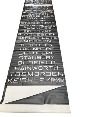 Lot 2557 - Vintage printed canvas Yorkshire Bus blind, for various destinations to include Keighley, Leeds and Todmorden, approximately 740 x 103cm