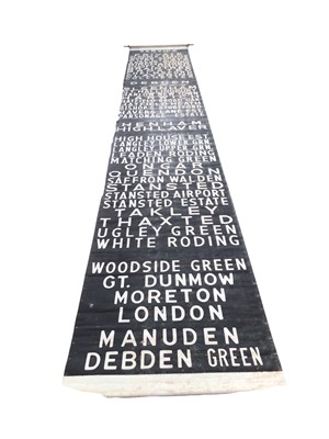 Lot 2558 - Vintage printed canvas Essex and Hertfordshire Bus blind, for various destinations to include Takeley, Bishop's Stortford and Clavering, approximately 606 x 103cm