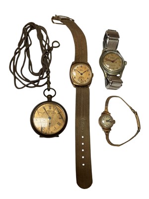 Lot 181 - 1930s 9ct gold ladies' wristwatch on 9ct gold mesh bracelet, 1940s 9ct gold cased Avia wristwatch on canvas strap, vintage Lanco watch and a fob watch with long guard chain