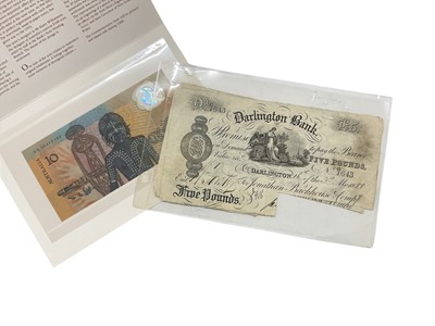 Lot 546 - World - Mixed coins & banknotes to include G.B. Royal Mint proof year set 1970, Darlington Bank circa 1888 cut cancelled £5 notes x 2, Australia commemorative $10 note prefix AA imprinted 26...