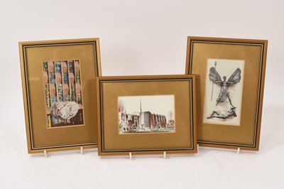 Lot 653 - Three miniature silk tapestry by J. & J. Cash Ltd for Coventry Cathedral, c. 1962, including St. Michael and the Devil, Bethlehem Font & Baptistry Window, and the Cathedral exterior (3)<...