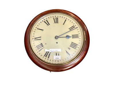 Lot 2595 - Late 19th century wall dial clock with cream painted dial and single fusee movement, in mahogany case, key and pendulum present.