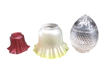 Lot 2613 - Collection of Victorian and Edwardian mostly oil lamp shades and accessories including Vaseline, pink satin glass and ruby glass examples (approx 30)