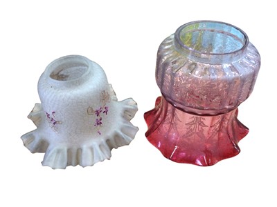 Lot 2618 - Collection of Victorian and Edwardian oil lamp shades including pair amber etched shades, ruby and Vaseline glass examples (19)