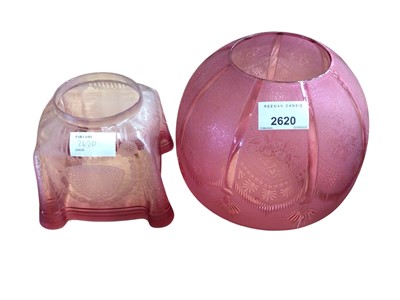 Lot 2620 - Two Victorian ruby glass oil lamp shades with etched decoration, amber shaded and one other (4)