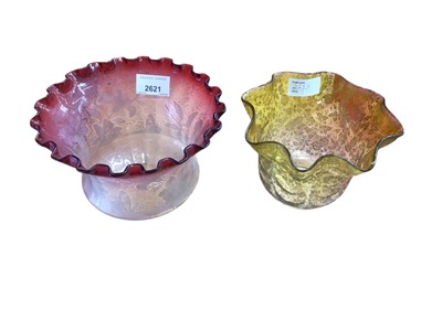 Lot 2621 - Two Victorian ruby tinted glass oil lamp shades, Victorian Vaseline glass shade with handkerchief border and similar amber tinted etched shade (4)