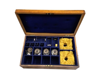 Lot 2622 - Scarce set of four late Victorian cut glass and silver plated peg lamps in fitted oak box with presentation plaque dated 1893 ( bases lacking) with original yellow lace work shades and spare set...
