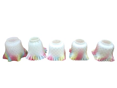 Lot 2624 - Five early 20th century American rainbow diamond quilted satin glass light shades with handkerchief borders possibly by the Mt. Washington Glass works
