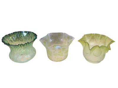 Lot 2627 - Three Victorian green tinted etched glass oil lamp shades