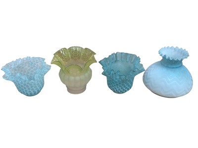 Lot 2632 - Collection of Victorian and Edwardian glass oil lamps and lamp shades including Burmese, ruby, satin glass and tinted examples (28)