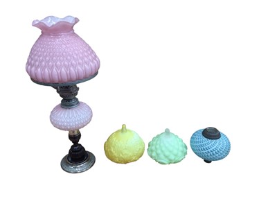 Lot 2633 - Collection of Victorian and Edwardian glass peg lamp reservoirs including satin glass , ruby and cut glass, three bases and two shades ( approx 45)