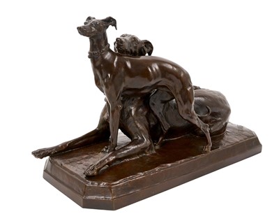 Lot 690 - Georges Gardet (1863-1939) bronze Borzoi and Whippet, with foundry stamp for F. Barbedienne, Paris