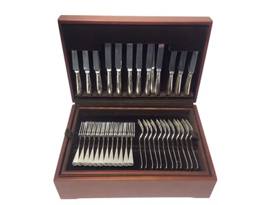Lot 294 - Contemporary silver canteen of Old English / Hanoverian pattern cutlery comprising x12 teaspoons, x12 dessert spoons, x4 tablespoons, x11 soup spoons, x12 dinner forks, x12 starter forks