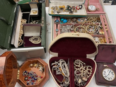Lot 994 - Group of vintage costume jewellery, silver jewellery, gold plated full hunter pocket watch, cultured pearl necklace with 9ct gold clasp etc