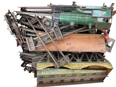 Lot 2730 - Railway O gauge tinplate clockwork GWR 442 locomotive, one other Bing locomotive 040, together with a quantity of track, wagons and an early Meccano set.