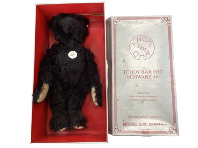 Lot 2733 - Steiff teddy bears 654411, 1912 replica 406805 and 650680 Harrods Victorian musical bear with certificate, 660344 and 420382. All boxed.