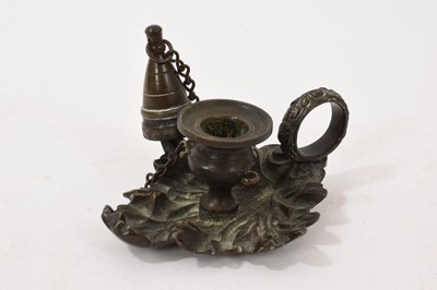 Lot 659 - Regency bronze miniature chamber stick, of leaf form, 9cm long