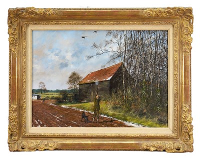 Lot 874 - *Clive Madgwick (1939-2005) oil on canvas - Breaking Cover, signed and dated 1973, 36cm x 49.5cm, in gilt frame