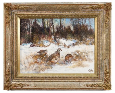 Lot 875 - *Clive Madgwick (1939-2005) oil on canvas - Winter Partridges, signed, dated 1992 verso, 30.5cm x 41cm, framed