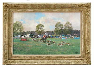 Lot 876 - *Clive Madgwick (1939-2005) oil on canvas - Hound Parade at Hadleigh Show, signed, dated 1988 verso, 35.5cm x 55.5cm, framed