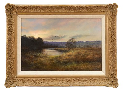 Lot 878 - *Clive Madgwick (1939-2005) oil on canvas - River Stour at Flatford, signed, dated 1983 verso, 30.5cm x 45.5cm, in gilt frame