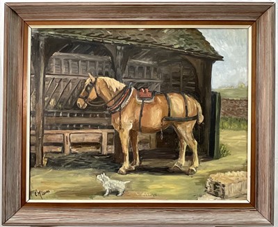 Lot 881 - Charlotte 'Busky' Laurie (1928-2020) oil on canvas - Suffolk Punch in Harness, signed, 61cm x 76cm, framed