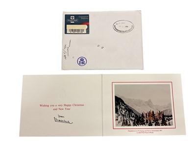 Lot 39 - H.R.H. Prince Charles Prince of Wales (now H.M. King Charles III), signed 1996 Christmas card with gilt Royal cyphers to cover, colour print of a watercolour by The Prince of the Tinzenhoven moun...