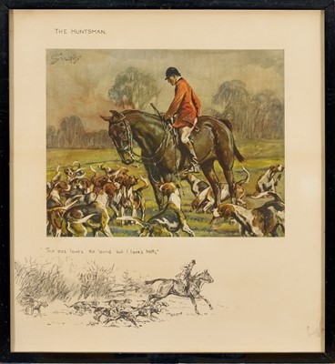 Lot 1199 - *Snaffles, Charles Johnson Payne (1884-1967) signed hand-coloured print - The Huntsman, with snaffle blindstamp, 39.5cm x 36cm, in glazed frame