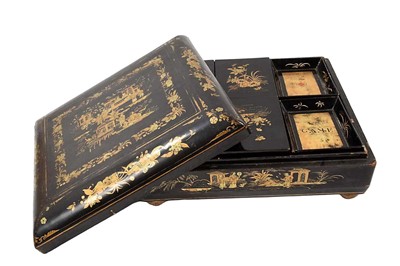 Lot 730 - 19th century Chinese papier mâché counter box, of domed sarcophagus form, with gilt figural reserves, raised on bun feet, the interior with four lidded boxes and card trays, 29cm wide