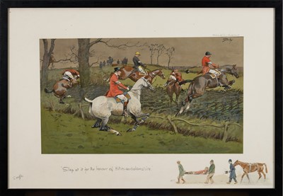 Lot 1193 - *Snaffles, Charles Johnson Payne (1884-1967) signed hand-coloured print - 'Slap at it for the honour of Hitim-an-holdimshire', 44cm x 65cm, in glazed frame Provenance: Berkeley Studio Ltd....