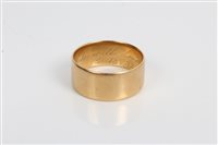 Lot 3373 - Gold (18ct) wide band wedding ring. Size R