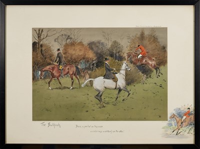 Lot 1190 - *Snaffles, Charles Johnson Payne (1884-1967) hand-coloured print - The Bullfinch, published by Messrs Fores, 50cm x 68.5cm, in glazed frame
