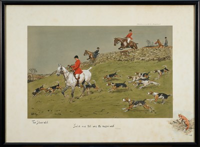 Lot 1189 - *Snaffles, Charles Johnson Payne (1884-1967) hand-coloured print - The Stone Wall, published by Messrs Fores, 50cm x 69cm, in glazed frame