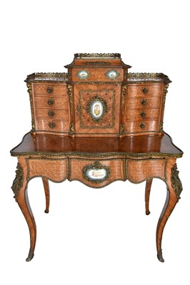 Lot 1217 - Fine quality Victorian walnut, parquetry and Sèvres style porcelain plaque mounted bonheur du jour