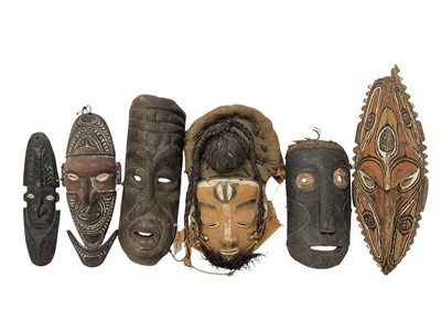 Lot 760 - Six tribal masks, including Sepik river masks, Zaire, one claimed to be Congo mask from a Pygmy tribe, polychrome Bapende mask and one other unidentified. (6)