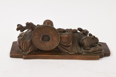 Lot 762 - Chinese bronze figure of a laughing Buddha, seated with attendant rabbits, 16cm long