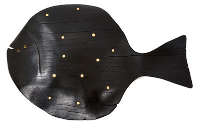 Lot Max Tannahill, contemporary, greenheart wooden sculpture, Black Sole, with burnt finish and applied decoration, signed and dated 2023 verso