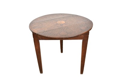 Lot 1208 - 19th century oak and fruitwood inlaid cricket table, with circular plank top inset with heart motifs and initialled sunburst, on three square tapered supports, 65cm diameter x 63cm high