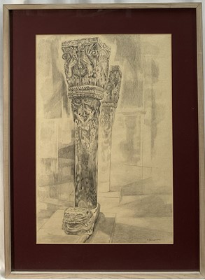 Lot 858 - Esther Grainger (1912-1990) pencil drawing, Columns in the Museum, 1972, signed and dated 1972, 55cm x 36cm, in glazed frame