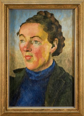 Lot 860 - Bryan N. Brooke (1915-1998) oil on board - portrait of an unknown sitter, likely a Benton End connection, 43cm x 29cm, in gilt frame