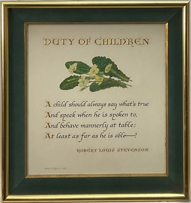 Lot 867 - Denzil Reeves (1926-2008) calligraphy panel - 'Duty of Children', signed and dated 1980, 34cm x 31cm, in glazed gilt frame