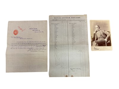 Lot 62 - The theatre and the arts, collection of 18th and 19th century correspondence and related ephemera including Sir Henry Irving signed portrait photograph, Royal Lyceum Theatre pay list for the wee...